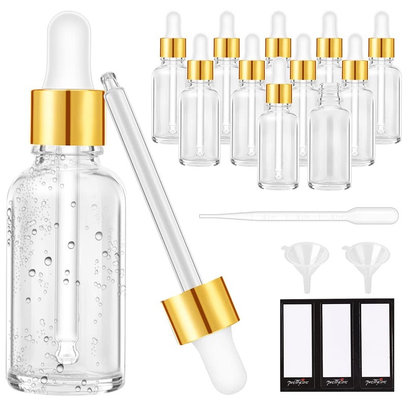 PrettyCare Glass Eye Dropper Bottles 2oz (60ml), 12 Pcs Clear Empty Thick Bottles Bulk with Leakproof Golden Caps - With Labels & Funnels for for Storage, Travel,Essential Oils, DIY Serums, Tincture - Image 1